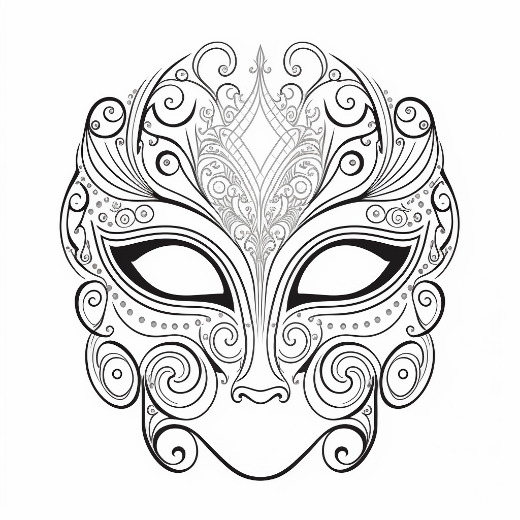 Una bellissima maschera artistica veneziale da colorare per il carnevale, ricca di ghirigori e dettagli.