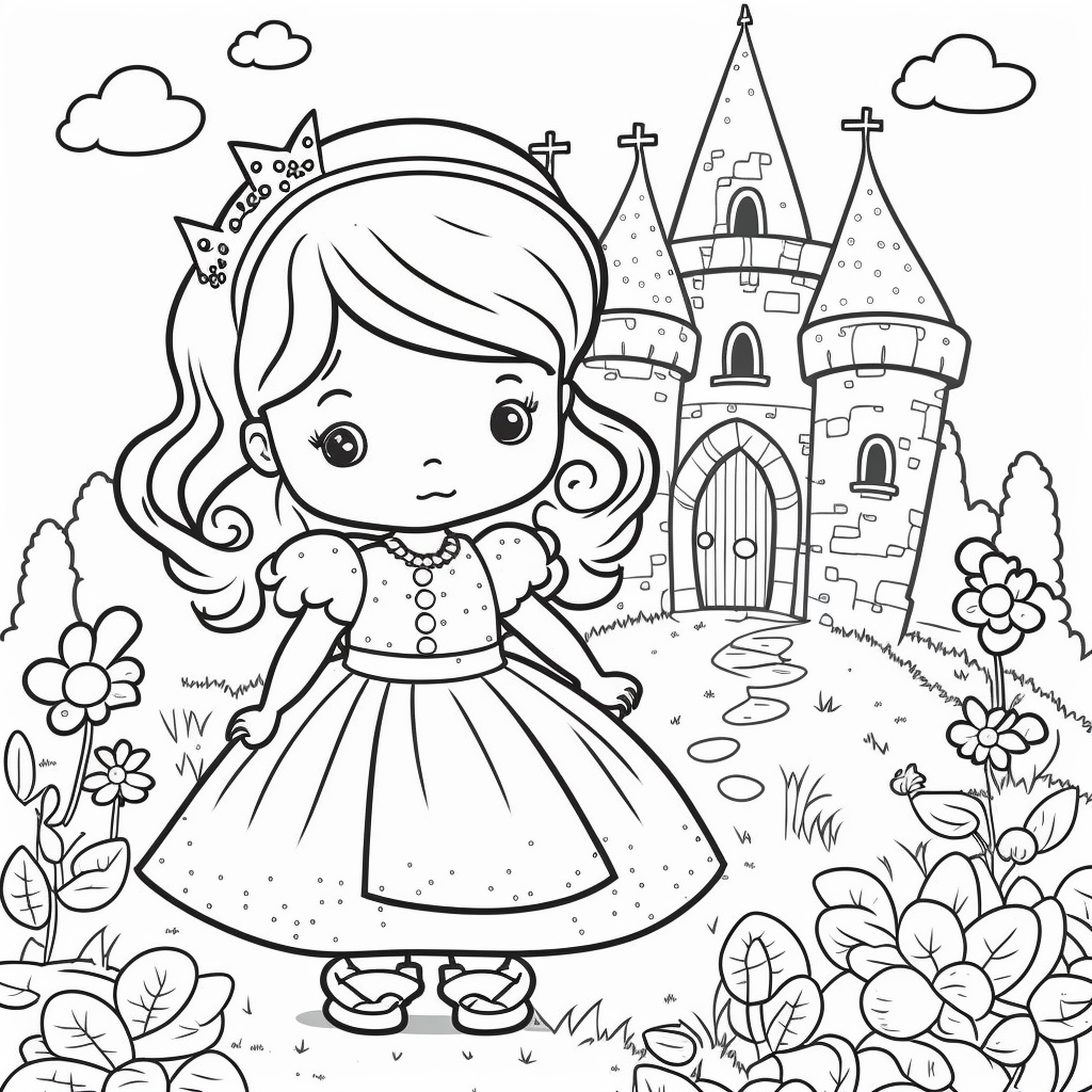 Principessa da colorare davanti un castello
