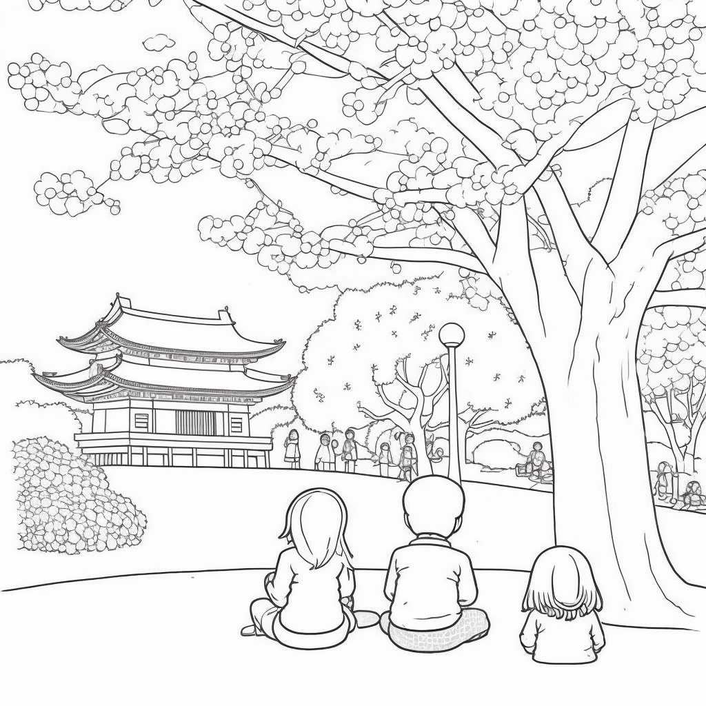 Disegno da colorare del Festival della fioritura del ciliegio in Giappone