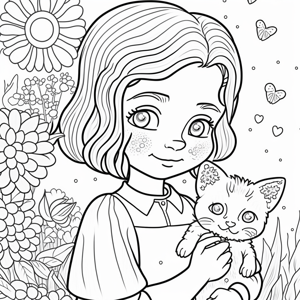 Ritratto da colorare di una bambina con il suo gatto