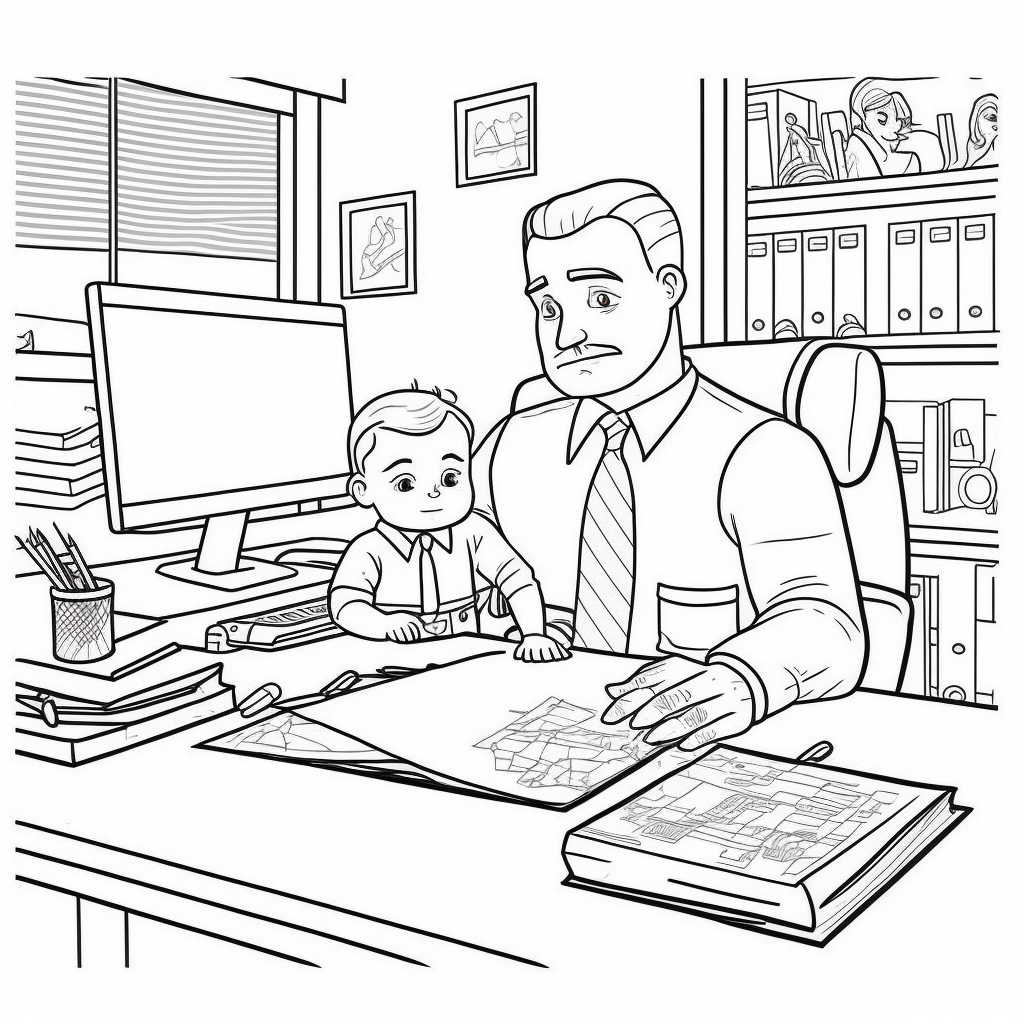 Papà e figlio in ufficio, disegno da colorare
