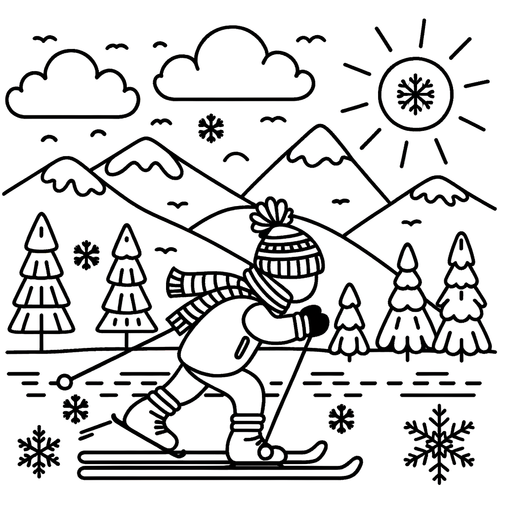 Disegno da Colorare Invernale: Bambino che Sciia tra Montagne e Alberi