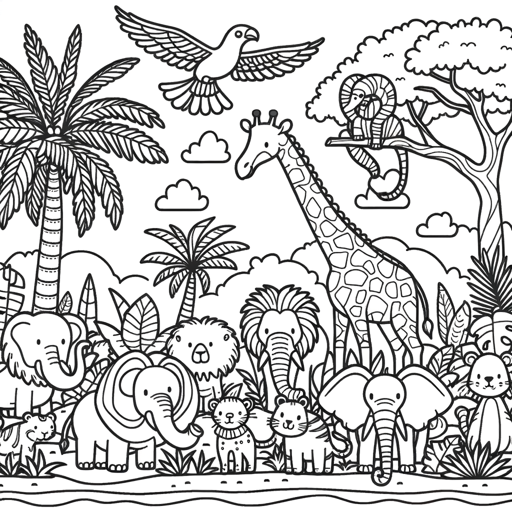Disegno da colorare della giungla con animali e piante