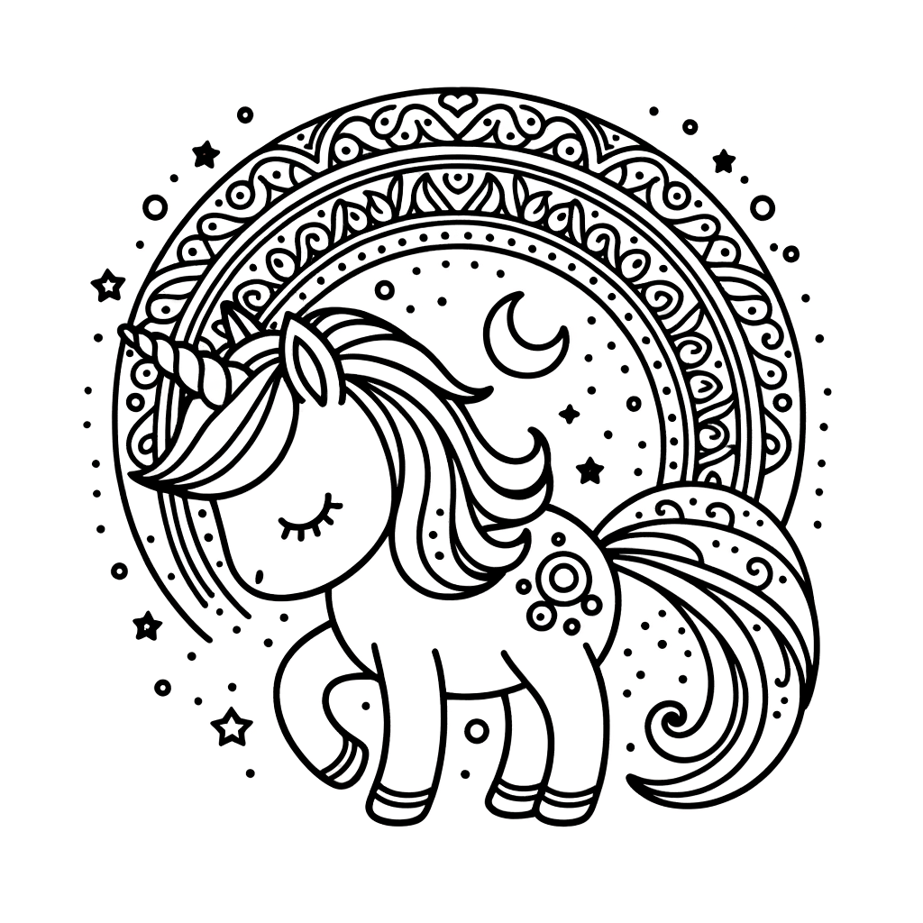 Incantevole Unicorno tra Stelle e Luna – Disegno da Colorare