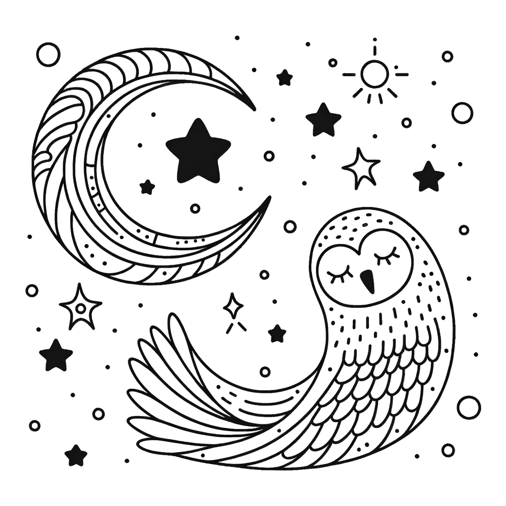 Magia Notturna: Gufo e Luna tra le Stelle – Disegno da Colorare