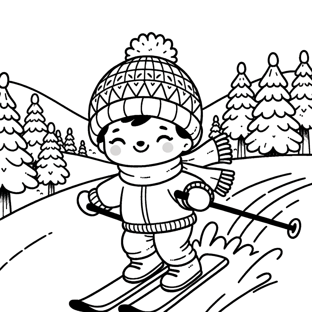 Disegno da Colorare Invernale per Bambini: Sciatore sulla Neve