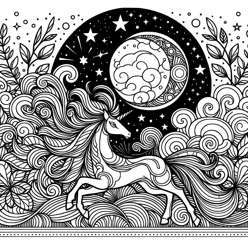 Magica Notte Stellata con Unicorno: Disegno da Colorare per Sognatori