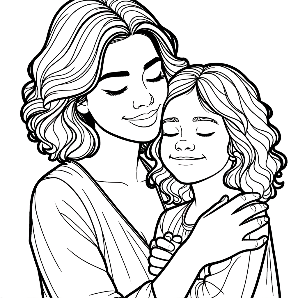 Disegno da Colorare per la Festa della Mamma: Abbraccio Affettuoso