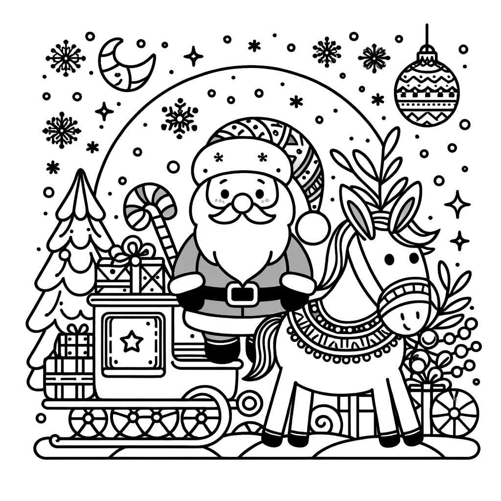 Disegno da Colorare di Natale: Babbo Natale con Slitta e Cavallo Magico