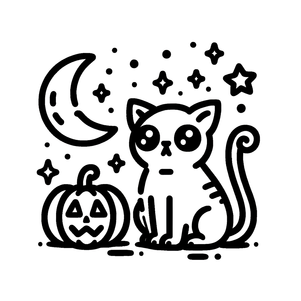 Disegno da Colorare di Halloween: Gattino e Zucca sotto la Luna