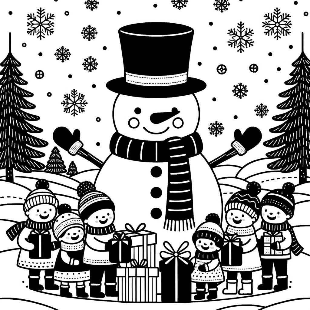 Un divertente pupazzo di neve che regala doni ai bambini