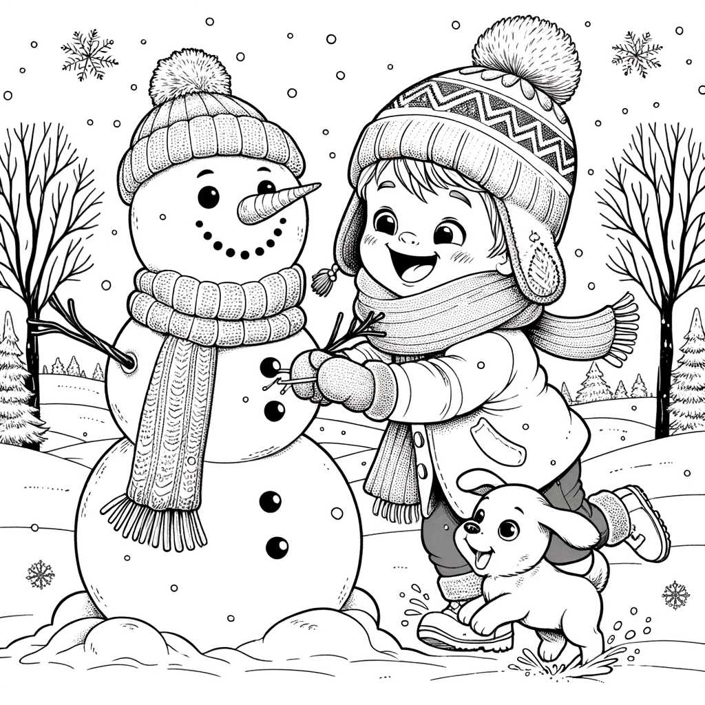 Un bambino gioca con un pupazzo di neve e un cucciolo in un paesaggio invernale