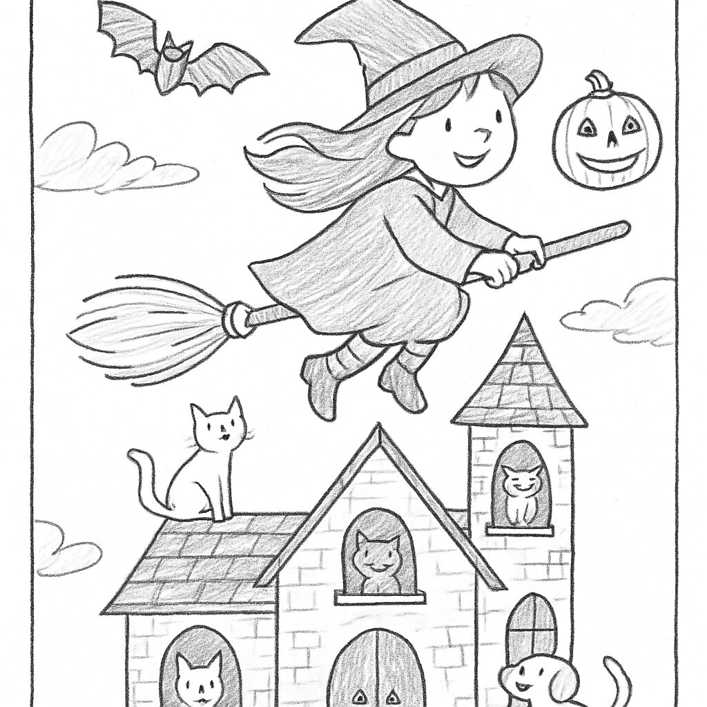 Streghetta di halloween che vola sulla scopa, disegno da colorare