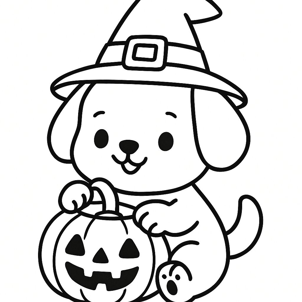 Cagnolino festoso con zucca di Halloween da colorare