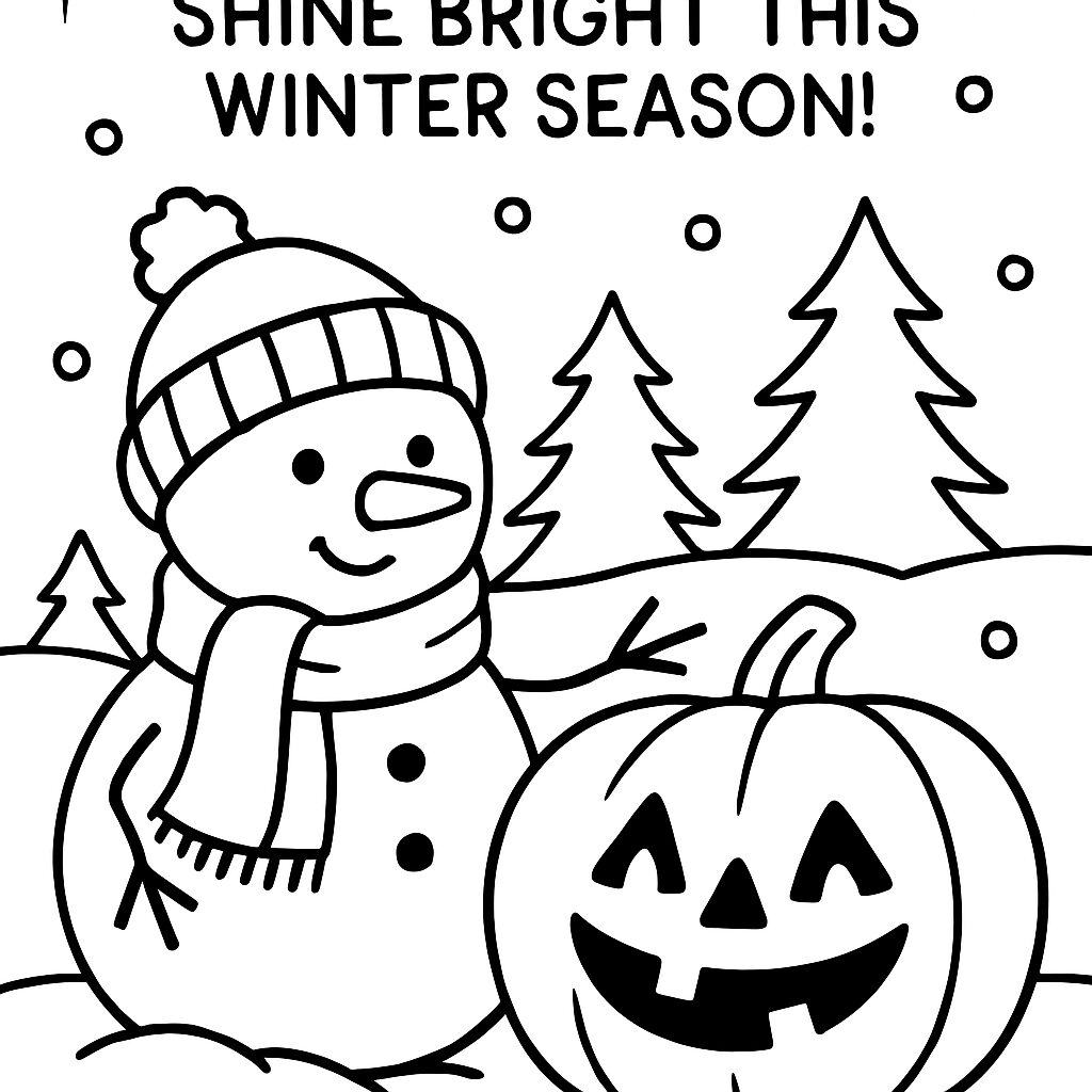 Disegno da colorare di un pupazzo di neve con una zucca