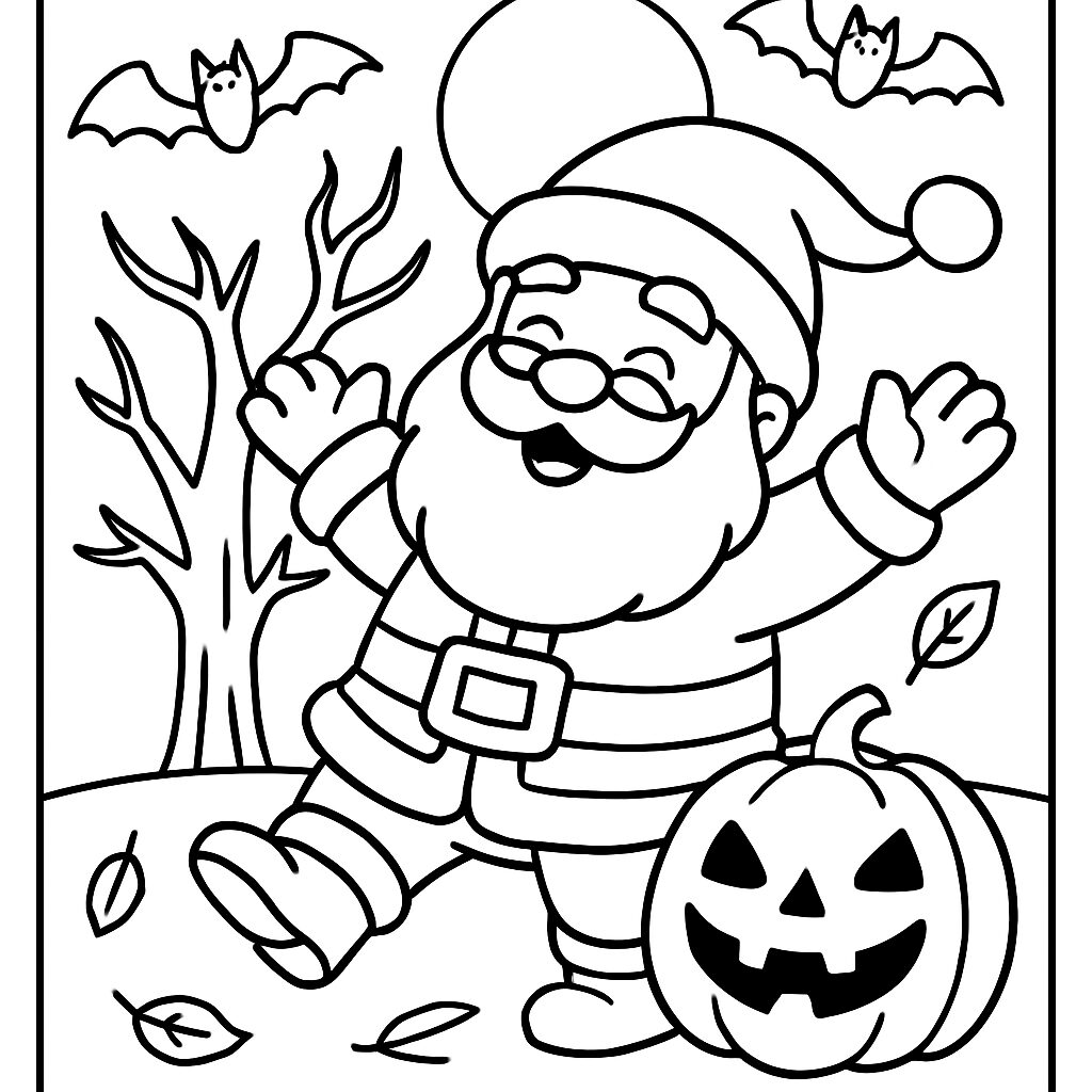 Babbo Natale festoso con zucca e pipistrelli da colorare