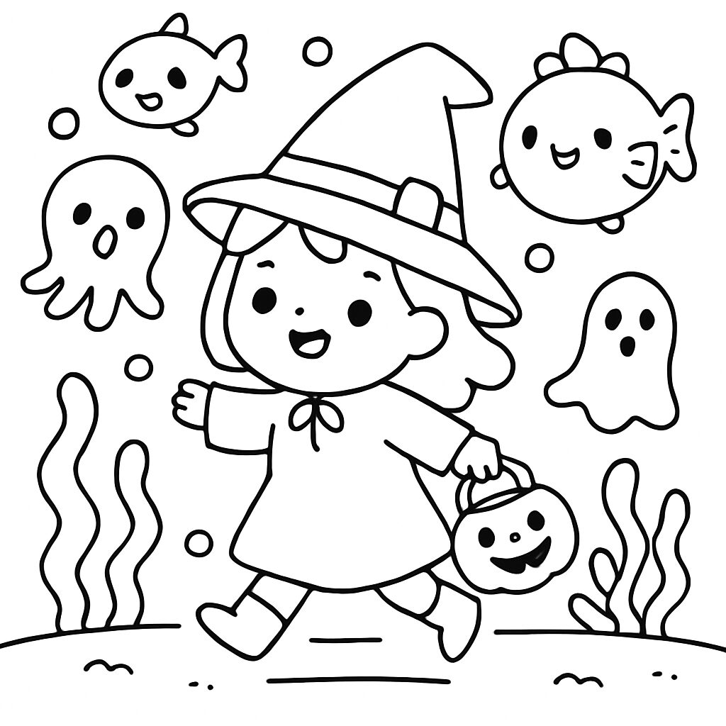 Bambina vestita da streghetra di halloween da colorare