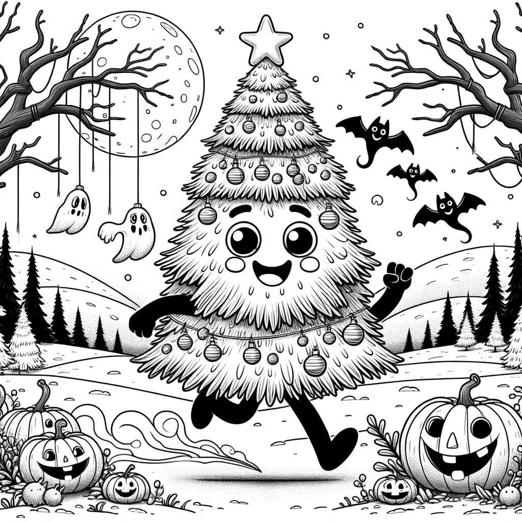 Albero di Natale con Fantasmi e Pipistrelli: Disegno da Colorare