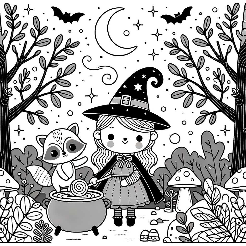 Disegno da colorare di una giovane strega per Halloween