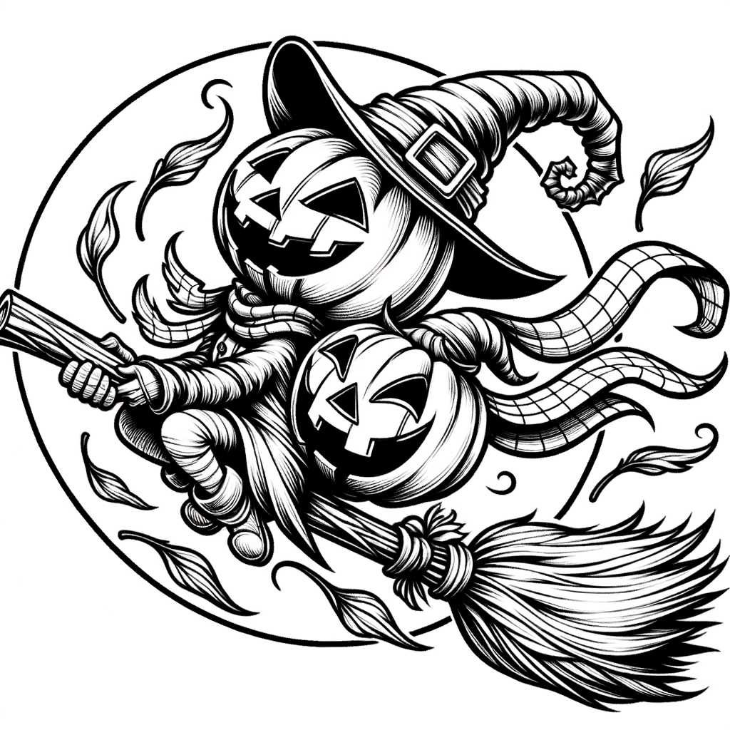 Streghetta con zucche volanti su una scopa per Halloween