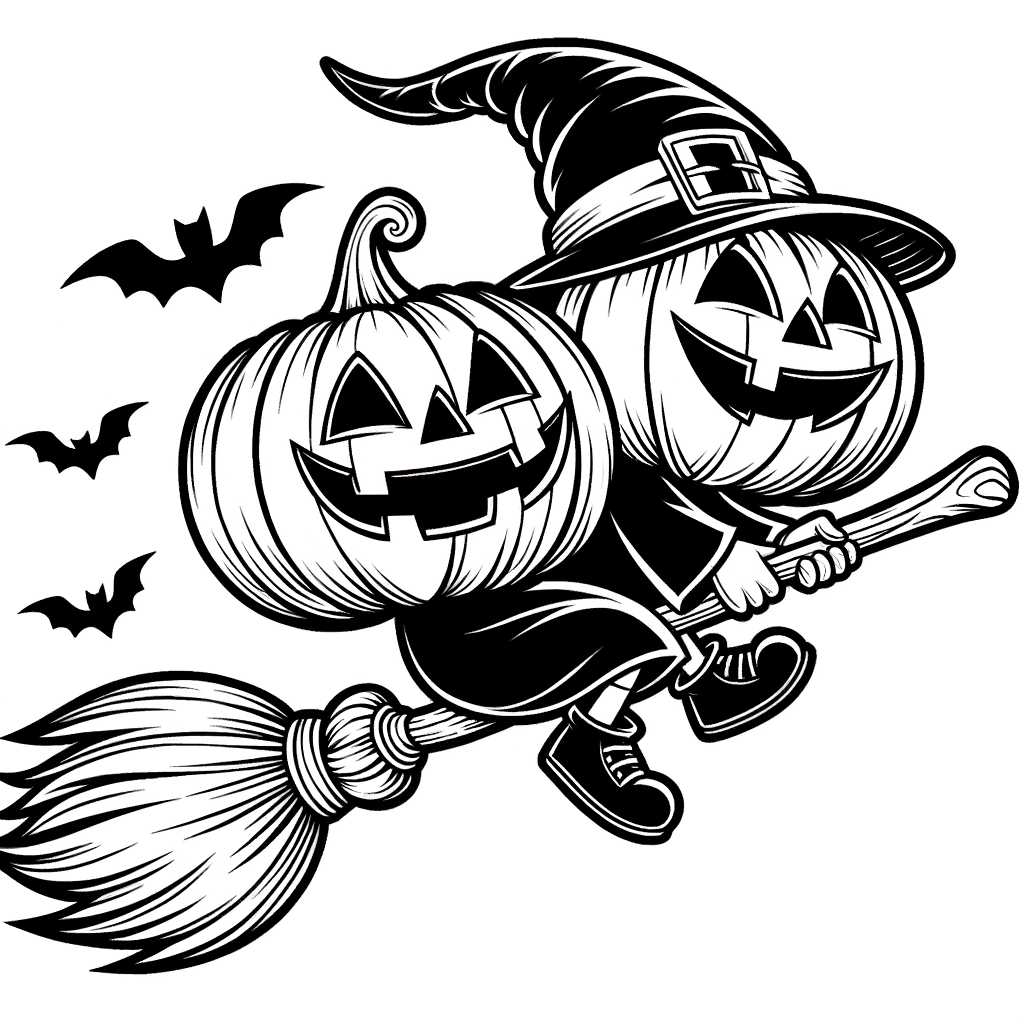 Due zucche magiche volano su una scopa per Halloween