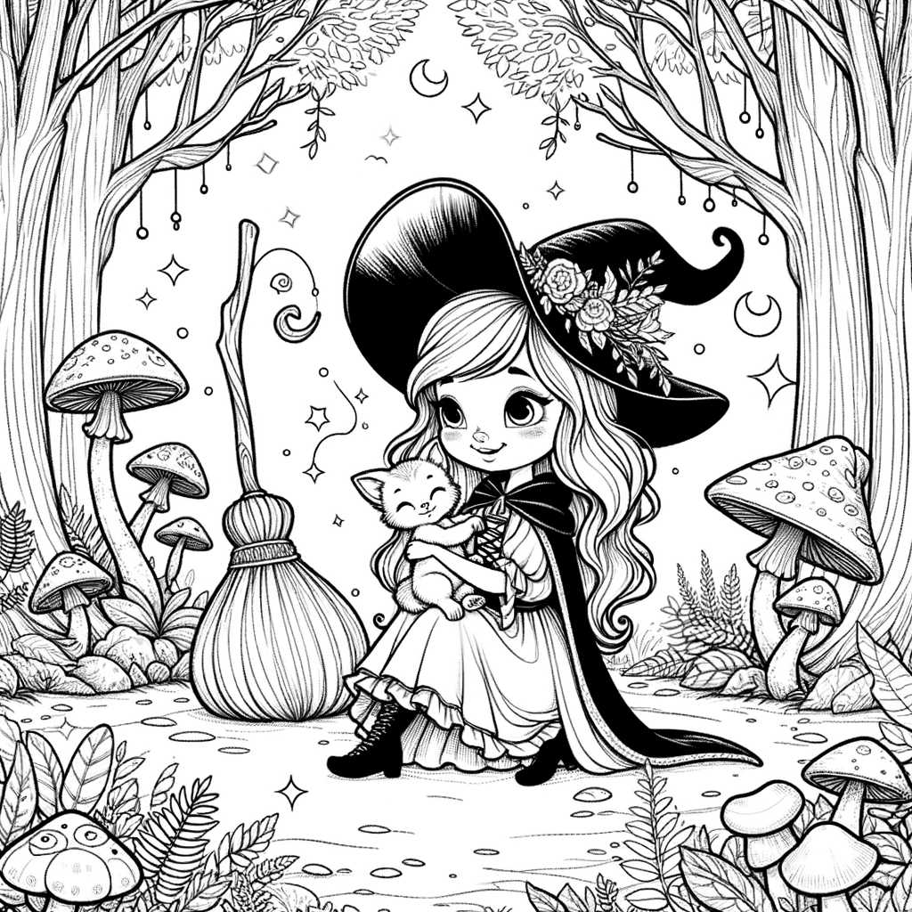 Disegno da colorare di una strega con il suo gatto per Halloween