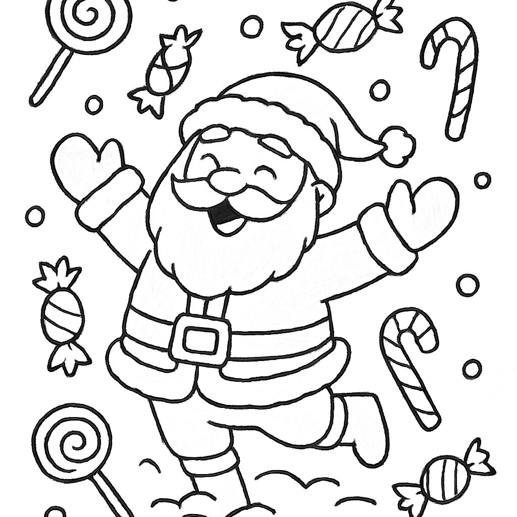 Babbo Natale felice tra caramelle da colorare