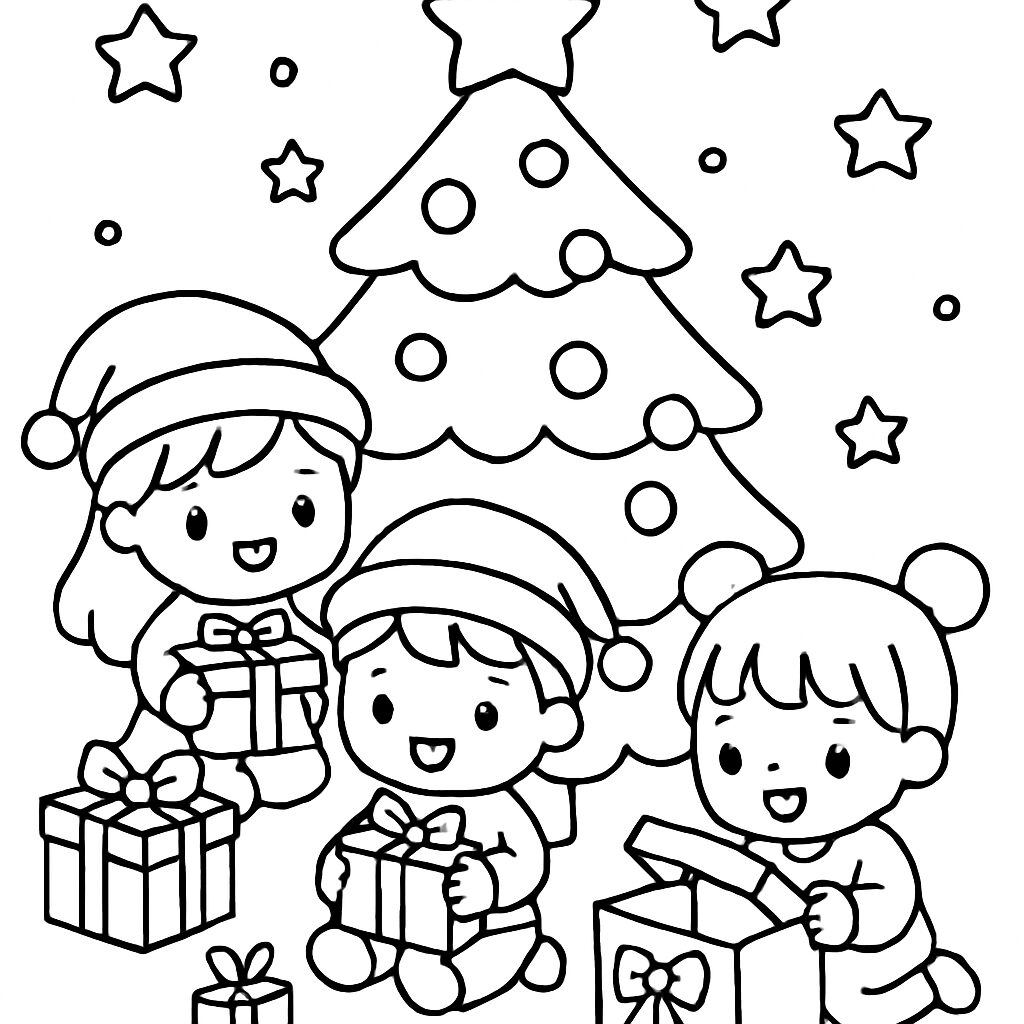 Bambini felici con regali sotto l’albero di Natale da colorare