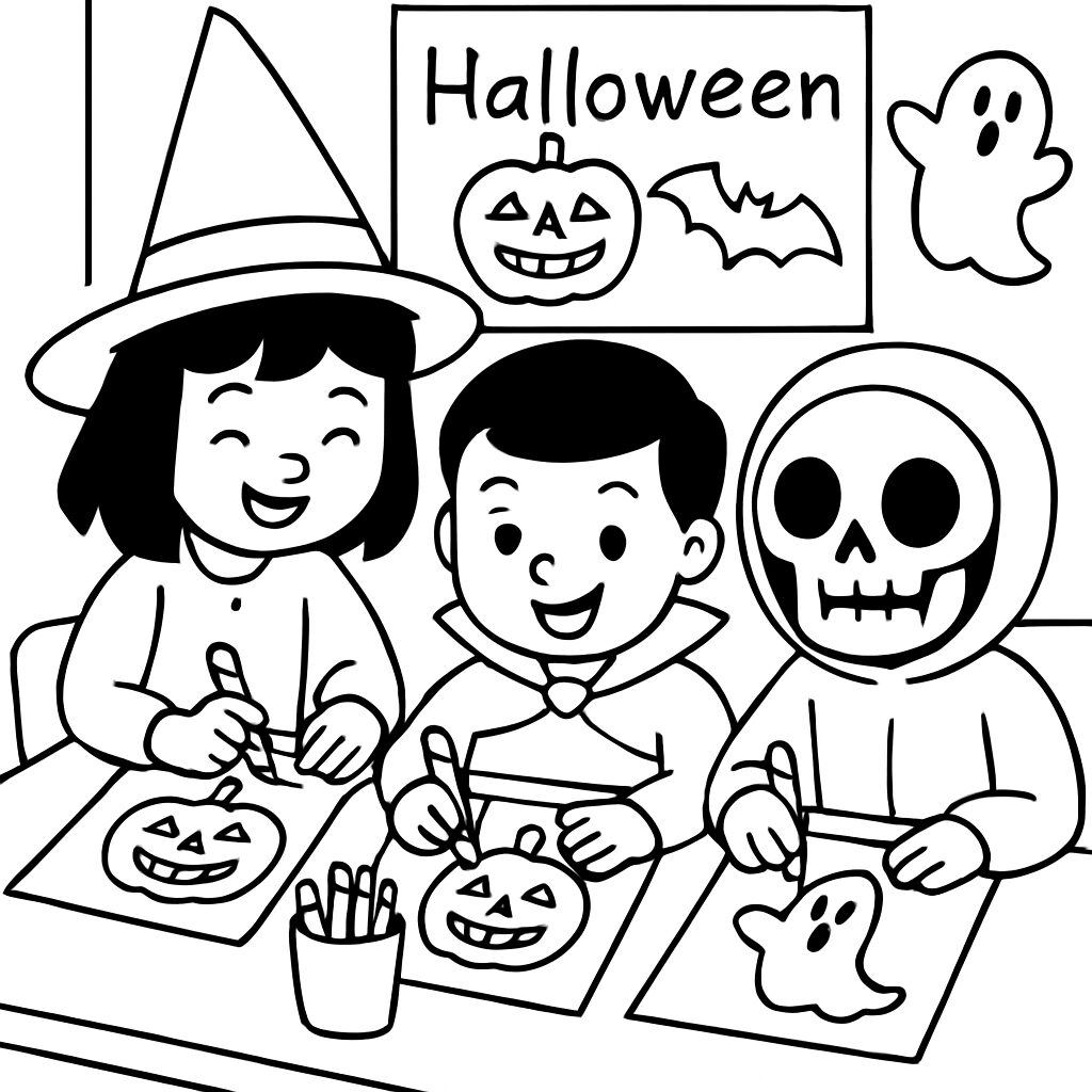 Bambini che colorano zucche di Halloween