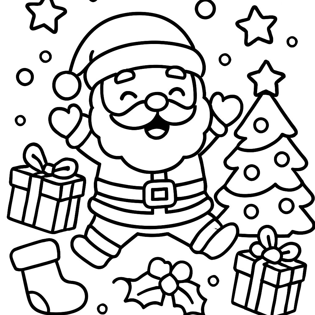 Babbo Natale felice con regali e albero da colorare
