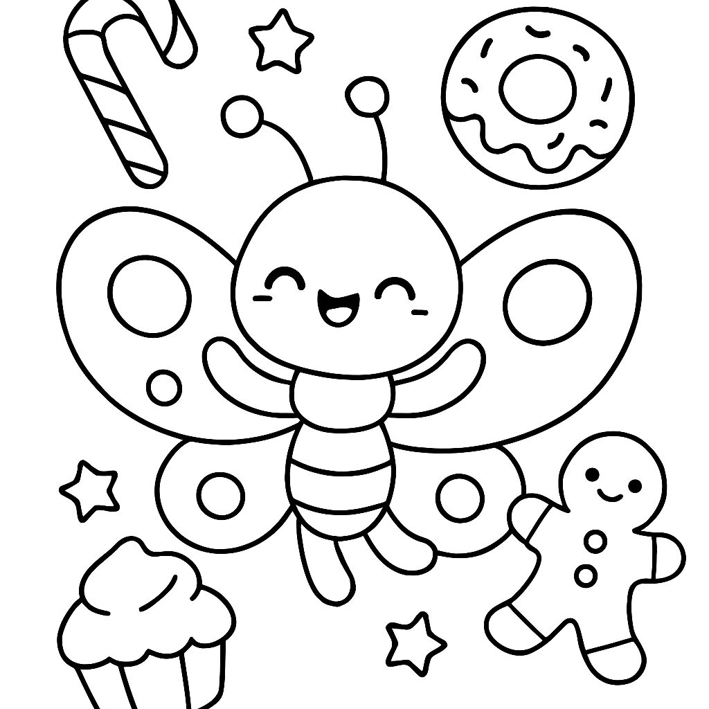 Disegno da colorare di una farfalla felice con dolcetti