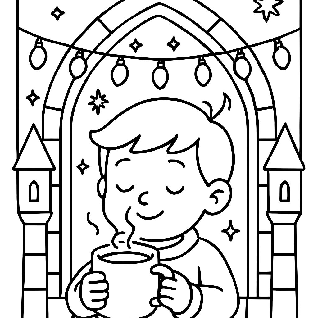 Bambino che sorseggia una bevanda calda davanti a un camino