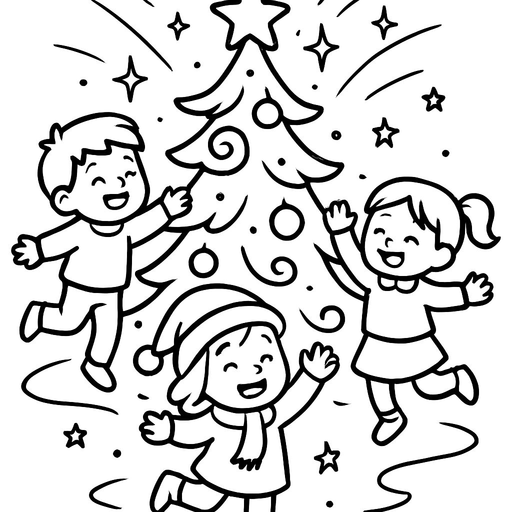 Bambini felici attorno all’albero di Natale da colorare