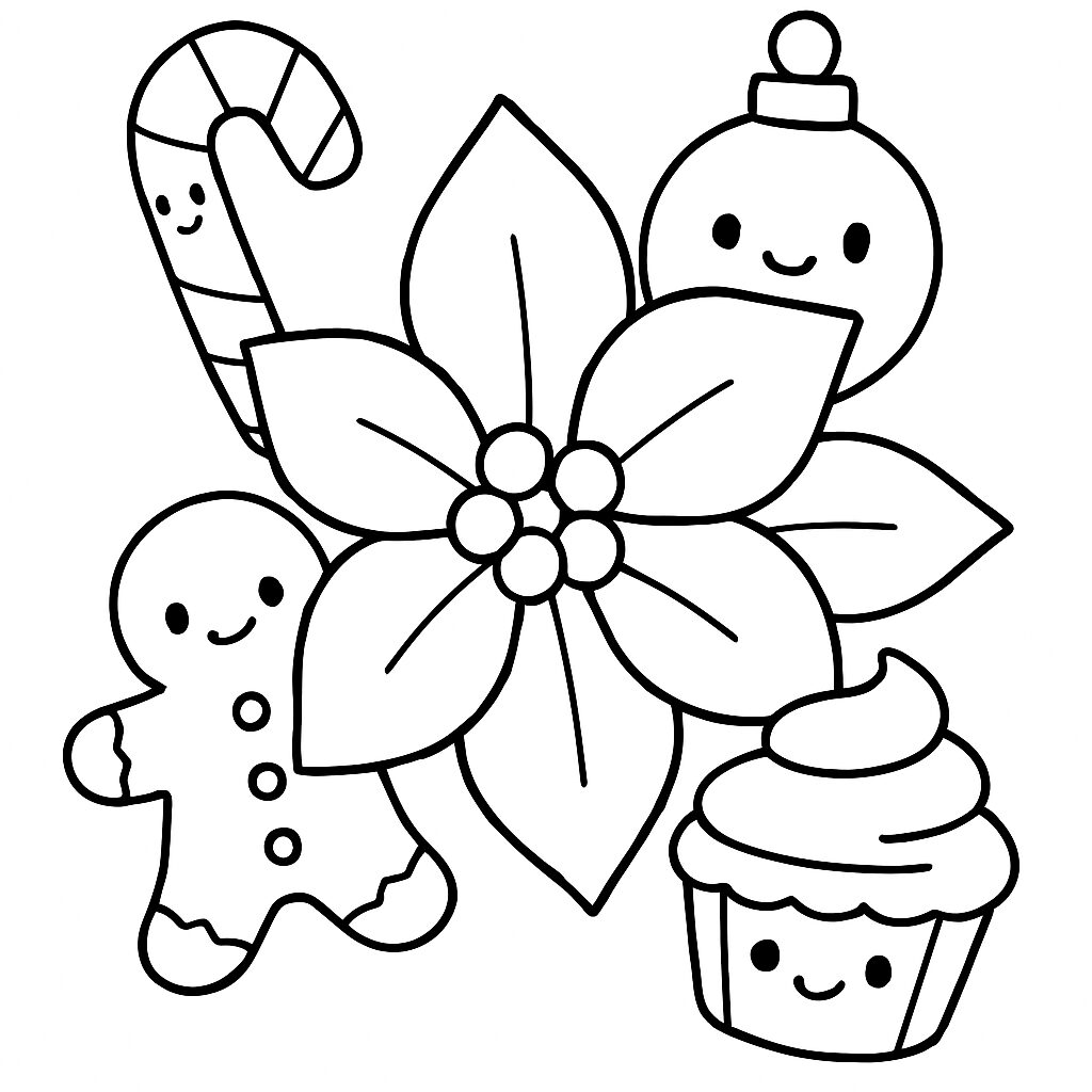 Disegno da colorare di dolcetti e decorazioni natalizie