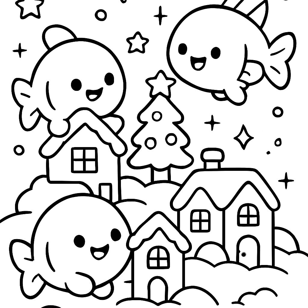 Disegno da colorare di pesci felici in un paesaggio invernale