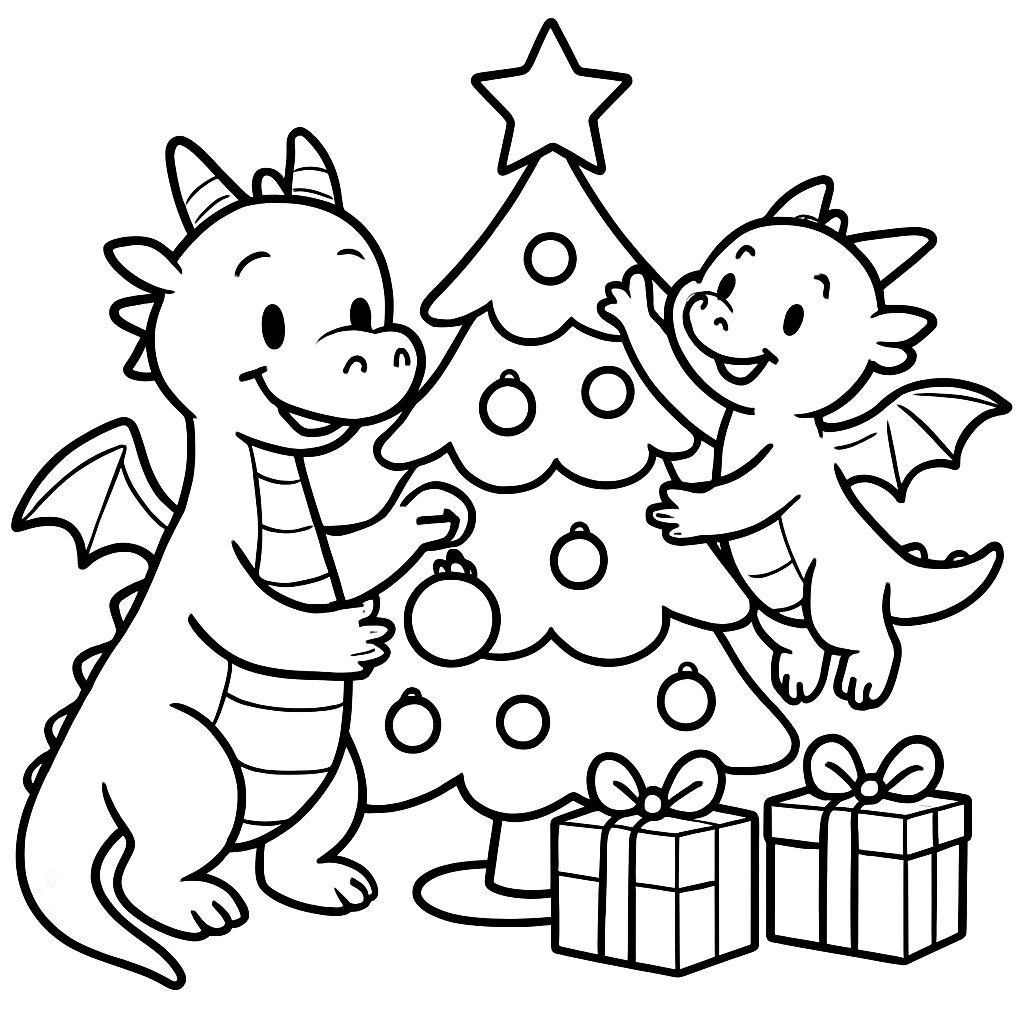 Draghi festivi che decorano l’albero di Natale da colorare