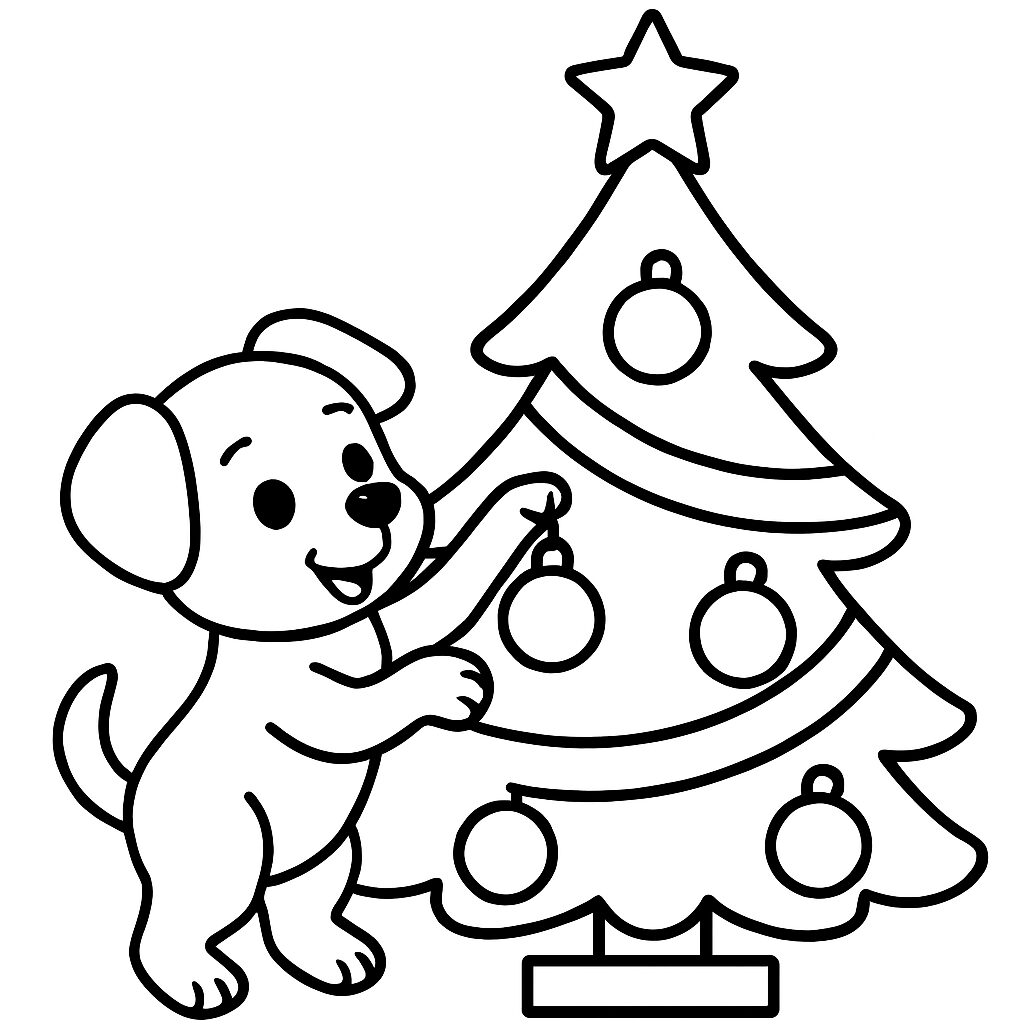 Cagnolino che decora l’albero di Natale da colorare