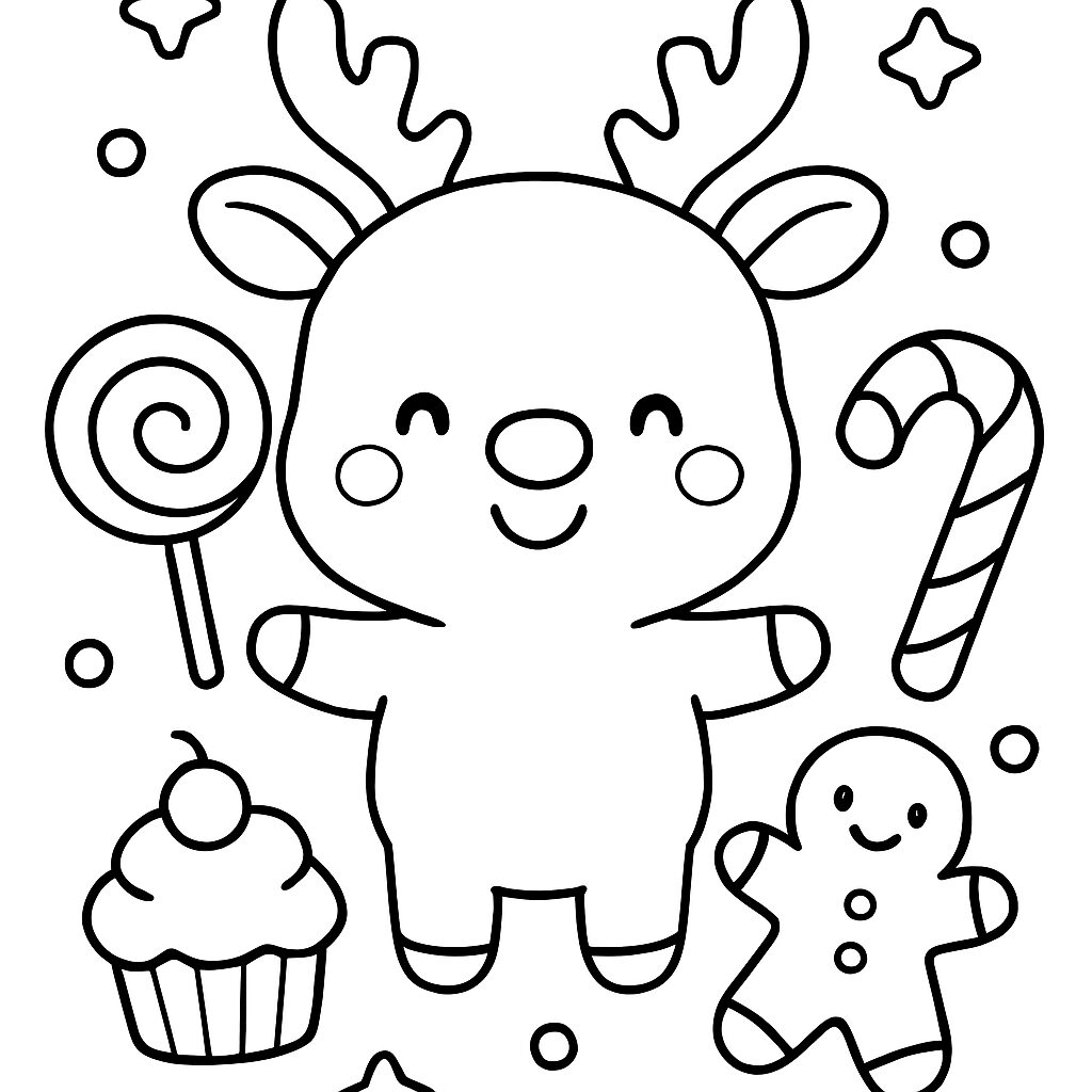 Disegno da colorare di un simpatico renna con dolci