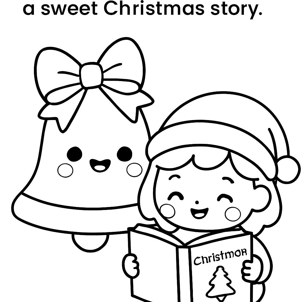 Bambina che legge una dolce storia di Natale con una campana