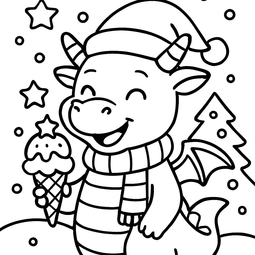 Drago felice con gelato in un paesaggio invernale da colorare