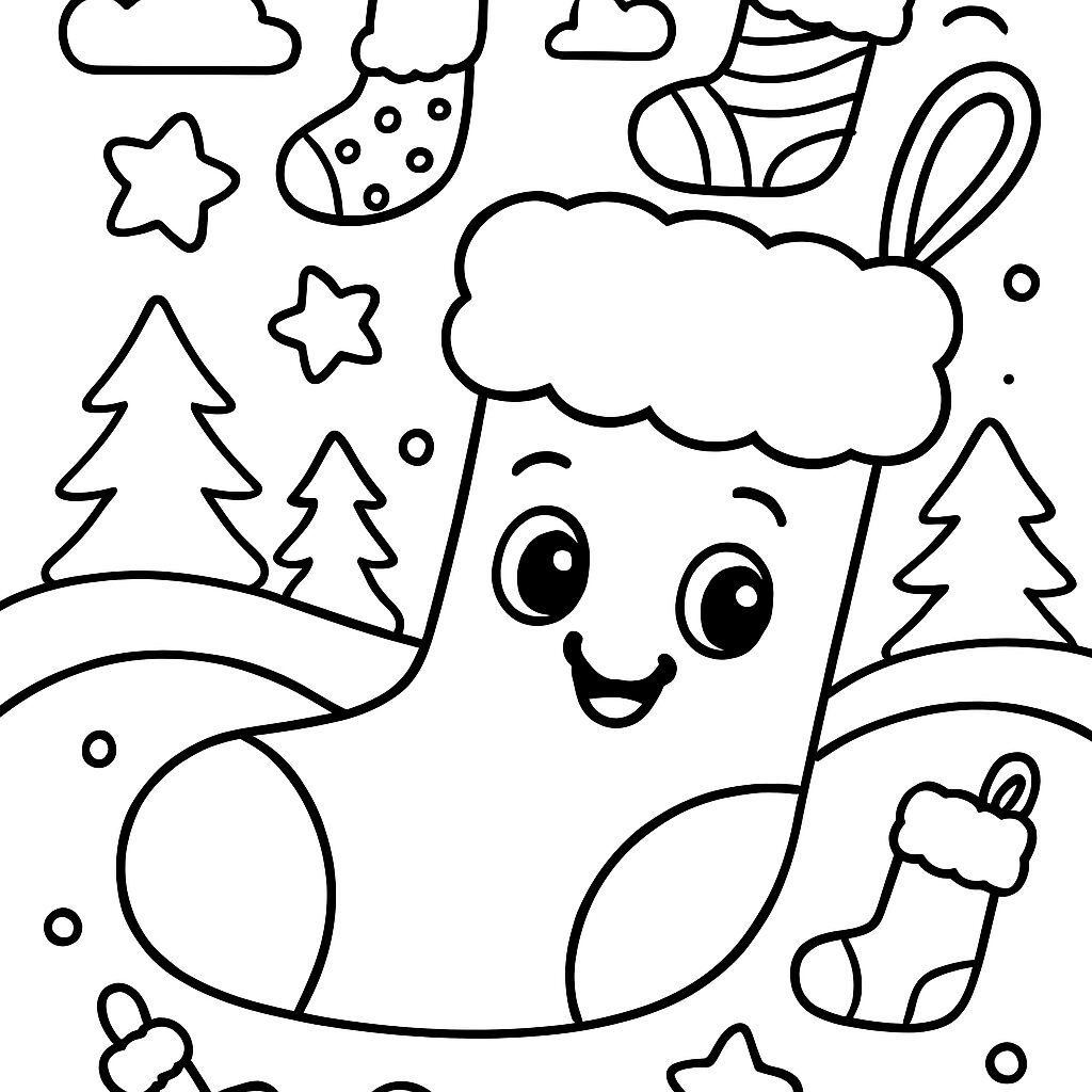 Calza di Natale sorridente da colorare con alberi e stelle
