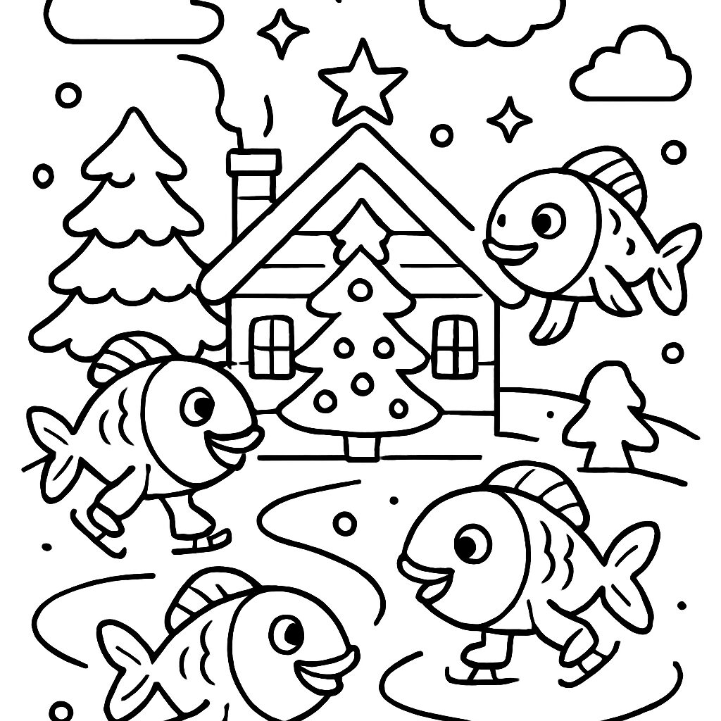 Pesci pattinatori festeggiano vicino a una casa natalizia