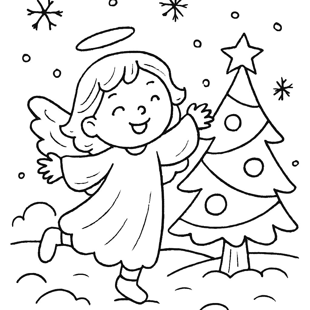 Angelo felice con albero di Natale da colorare