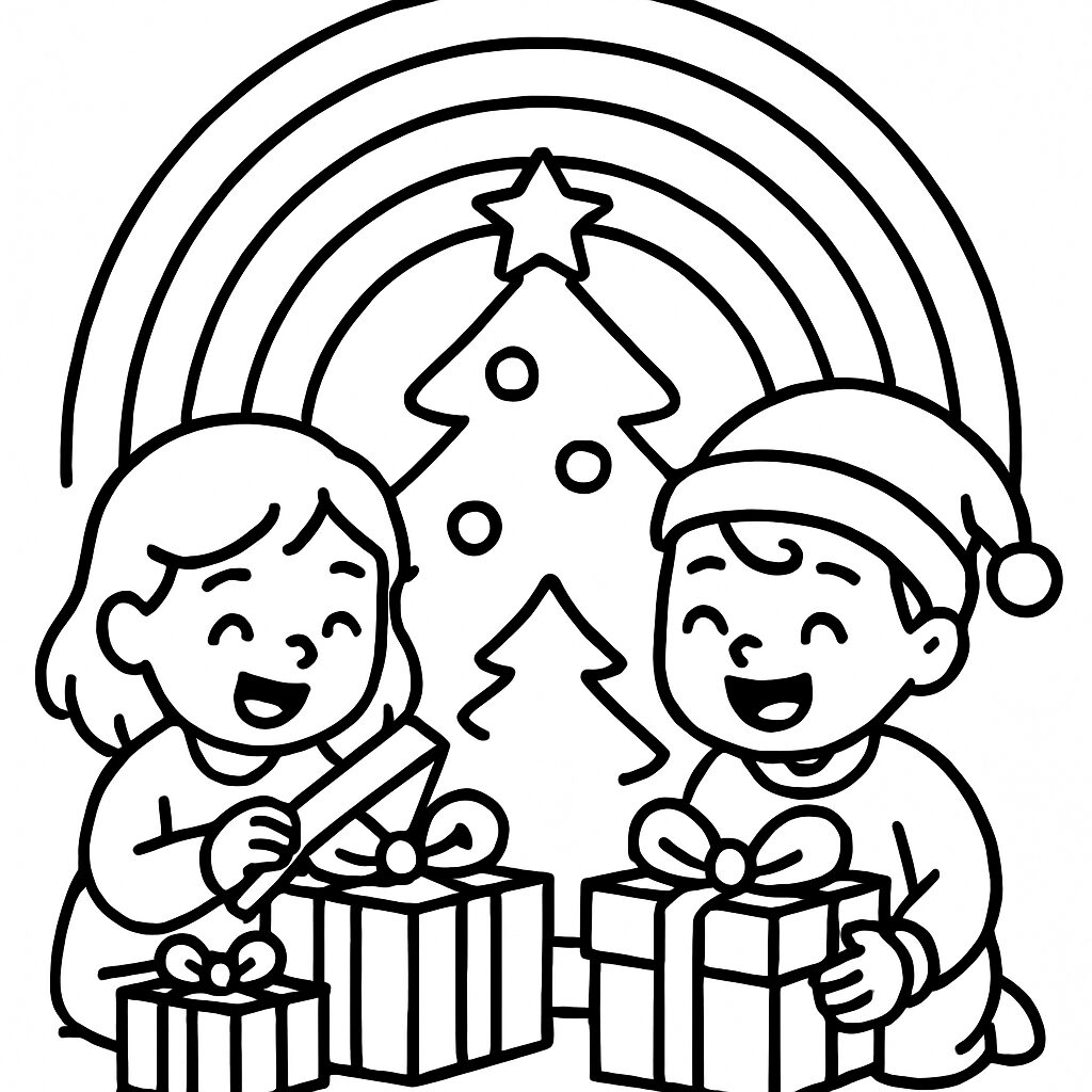 Bambini felici che aprono regali sotto l’albero di Natale