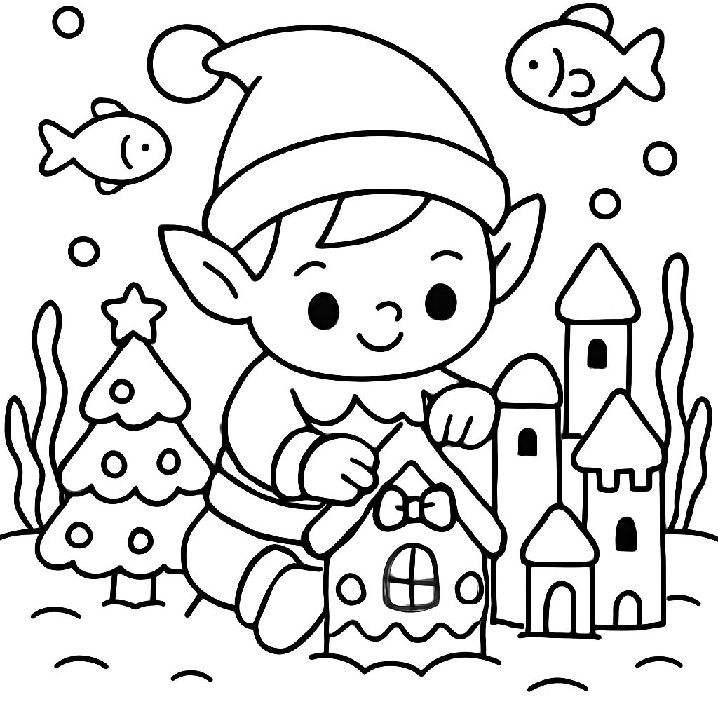 Elfo che costruisce una casetta di zucchero da colorare