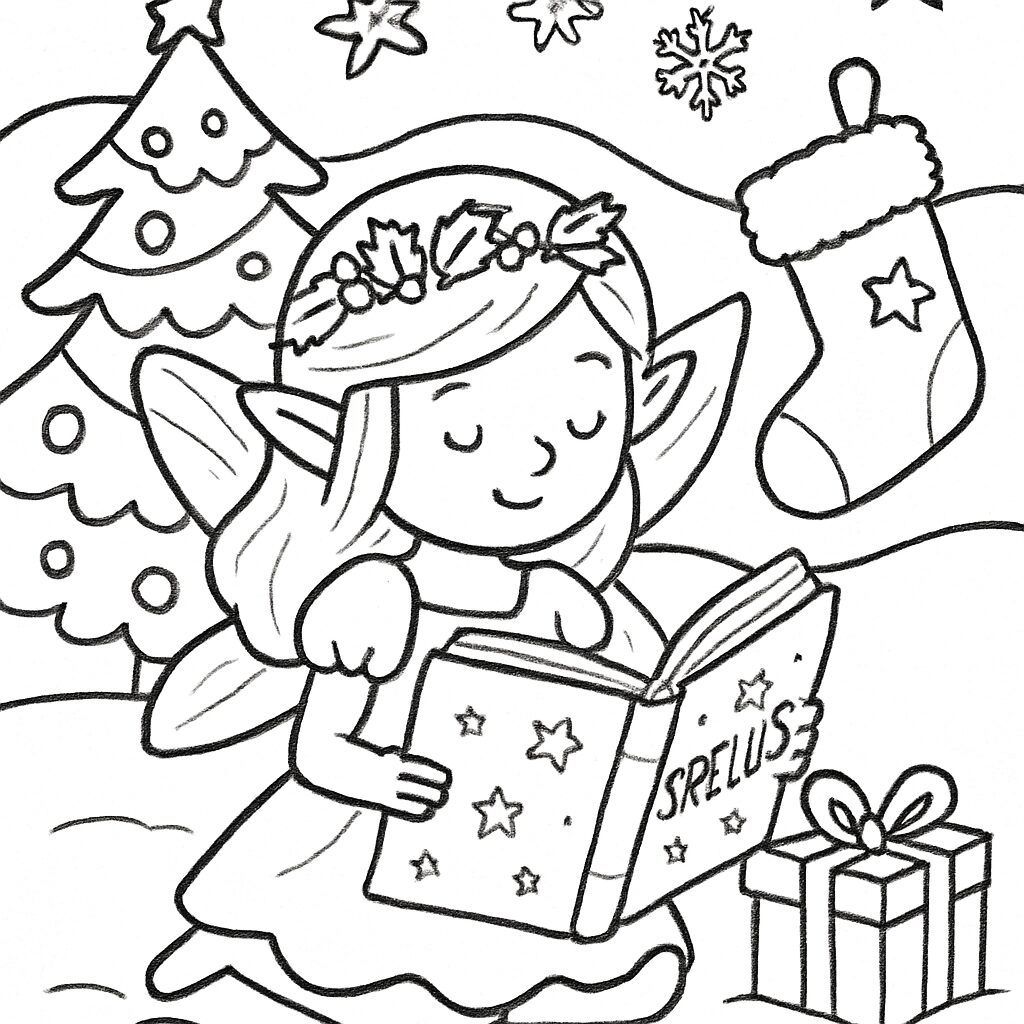 Fata che legge un libro di Natale da colorare