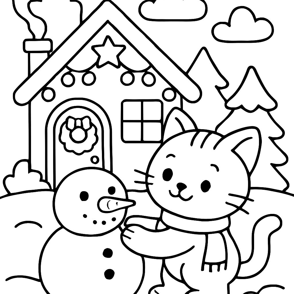 Gatto felice e pupazzo di neve in un paesaggio invernale da colorare