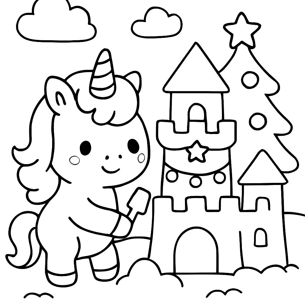 Unicorno che costruisce un castello da colorare