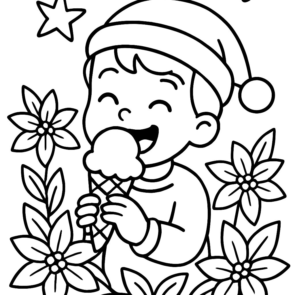 Bambino felice con gelato e fiori da colorare