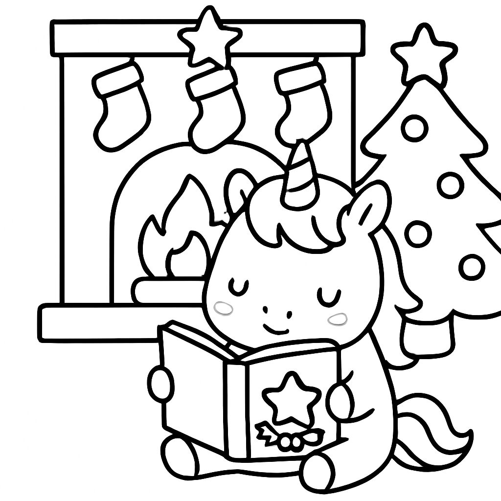 Unicorno che legge vicino al camino e all’albero di Natale